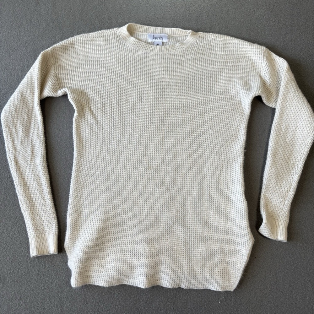 Kersh Women's S Ivory Merino Wool Blend Waffle Knit Crewneck Sweater Minimalist